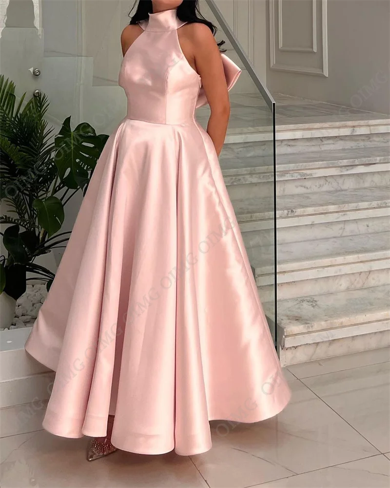 OIMG Elegant Pink A Line Bow Evening Dresses Women Sleeveless Pleats Floor Length Prom Gowns Formal Party Dress Vestido de noche