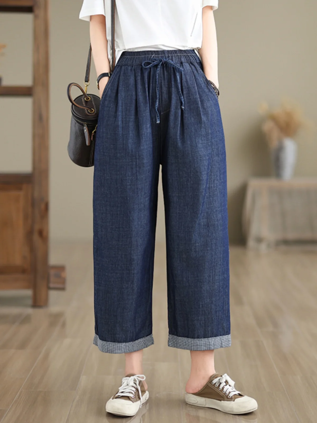 

Waed Cotton Denim Pants Women Summer High Waist Dstring Straight Leg Thin Wide Leg Casual Versatile Blue Nine-Piece Pants