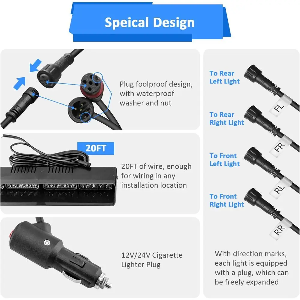 4 قطع 16-LED 2x14 بوصة شريط إضاءة ستروب أبيض وكهرماني مع وحدة تحكم ومجموعة أسلاك وأكواب شفط للشاحنات وسيارات الدفع الرباعي و