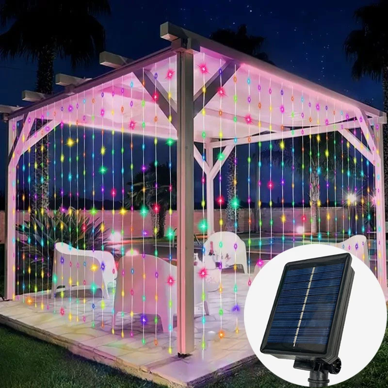 Cortina de luz LED Solar para exteriores, guirnalda de luces para decoración de patio, Navidad, boda, fiesta, guirnalda de hadas, 8 modos