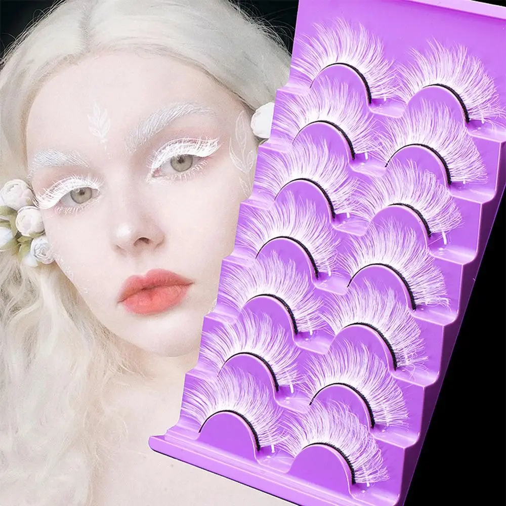 

7 Pairs White False Eyelashes Lashes Extension Exaggerated 3D Curled Lashes Reusable Faux Fibre Thick Fluffy Lashes Cosplay