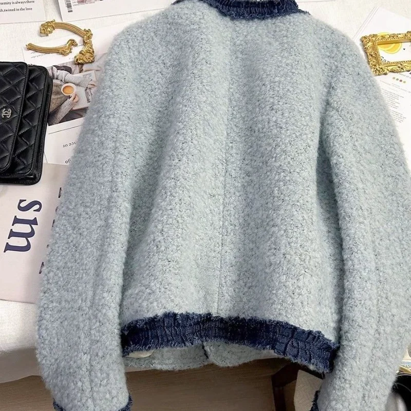 Blue Spliced   French Small Fragrance Jacket Short Jacket Autumn Winter New Temperament Versatile Top