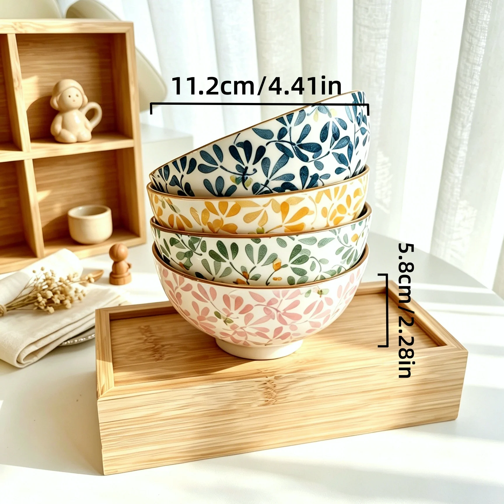 4.4' Floral Ceramic Bowl Set, for Pasta, Salad, Dessert, Soup, Fruit, Appetizer & Hot Pot, Safe for Dishwasher, Oven & Microwave