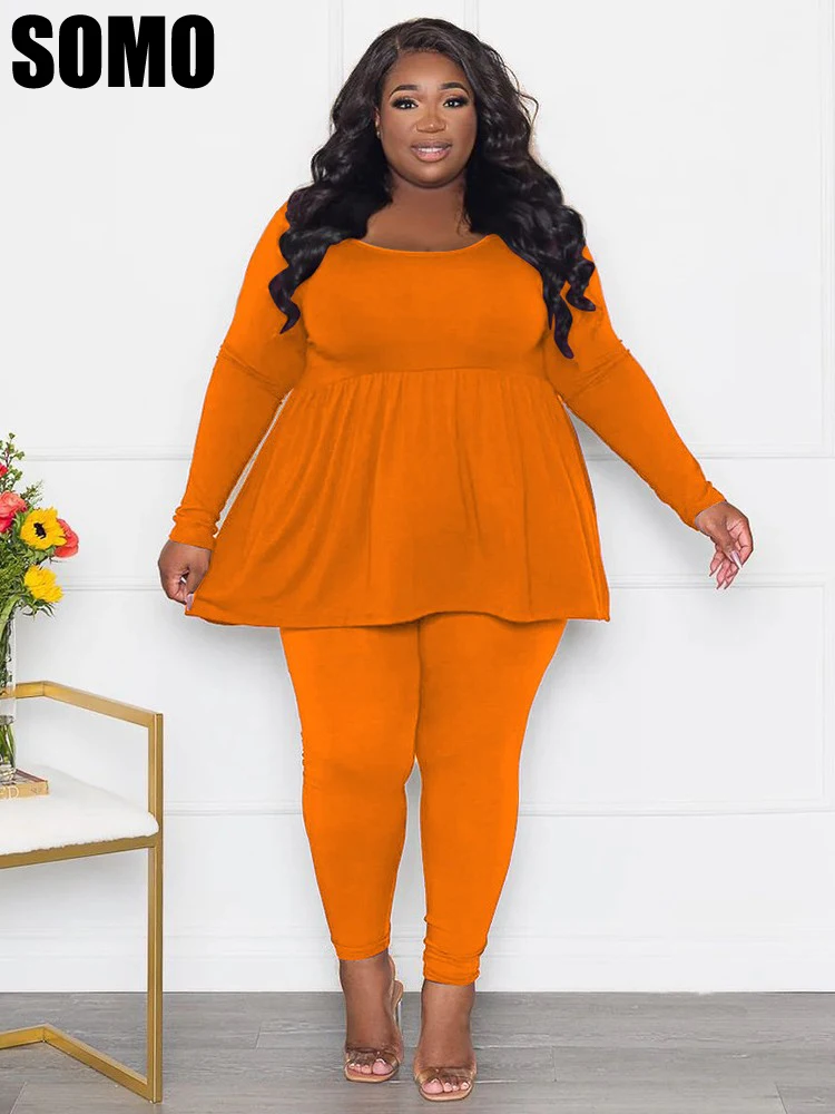 

SOMO Plus Size Autumn Fashion Two Piece Set Women Solid Color Round Neck Long Sleeve Tshirt Pants Set Wholesale Dropshipping