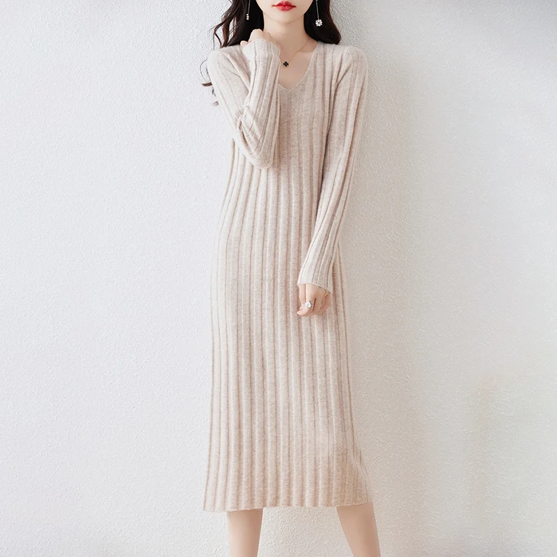 Women Clothing 100% Wool Knitted Dresses 2023 New Arrival Winter/ Autumn V-neck  Long Style 6Colors Female Jumpers