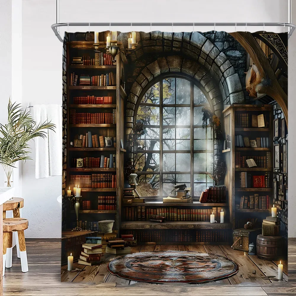 Vintage Library Shower Curtain Medieval Study Room Antique Castle Magic Bookshelf Bath Decor Study Theme Polyester Bath Curtain