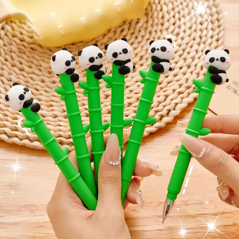 36pcs/lot Cartoon Panda Bamboo Gel Pen Cute 0.5mm Black Ink Signature Pens Promotional Gift Office School Supplies