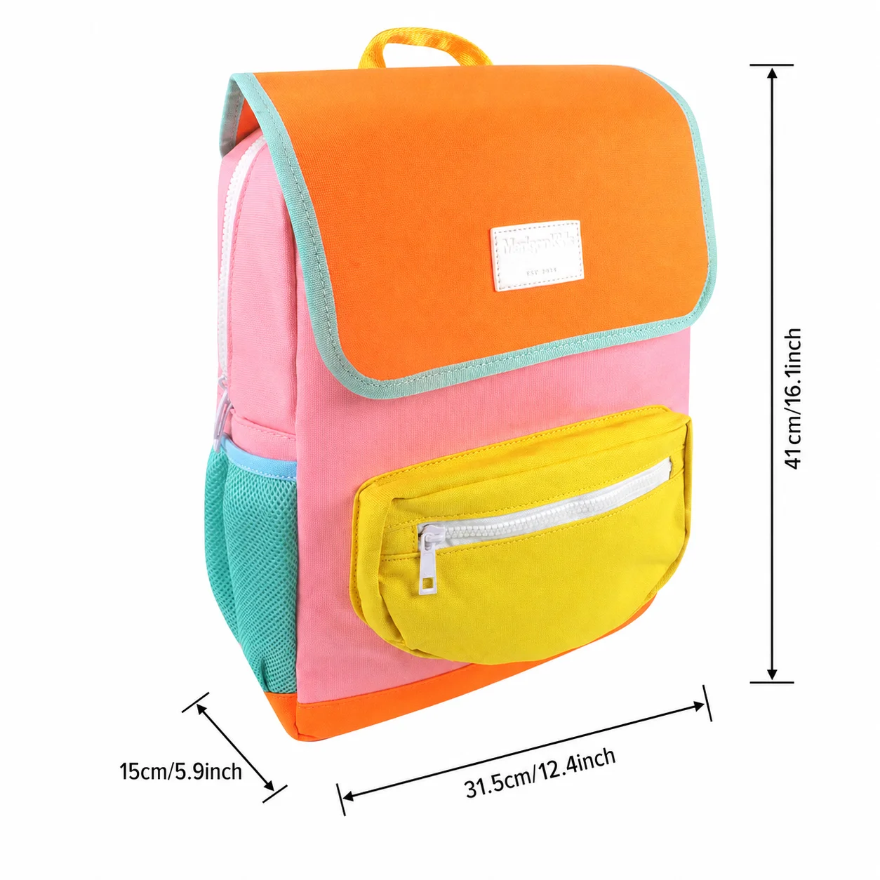 Kids Pastel Color Block Backpack Flap Kindergarten School Bag with Mesh Side Pockets for Preschool Boys Girls