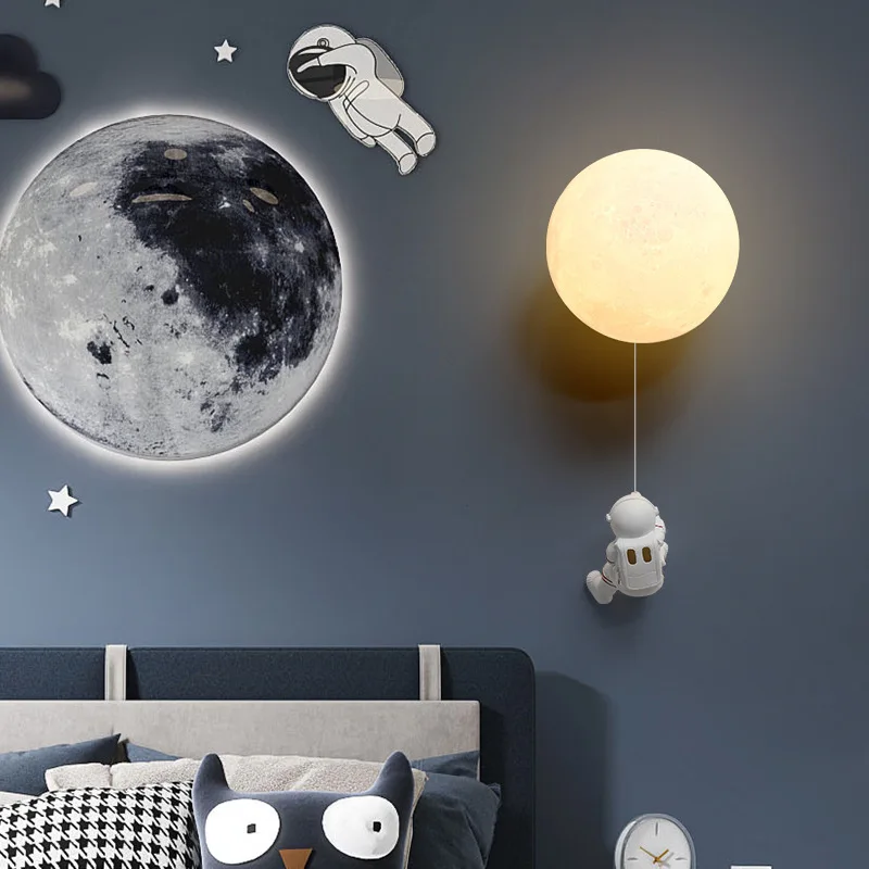 Modern Moon Astronaut Cartoon LED Wall Lamp Children’s Room Aisle Light Background Creative Bedside Sconces Home Decor Lighting