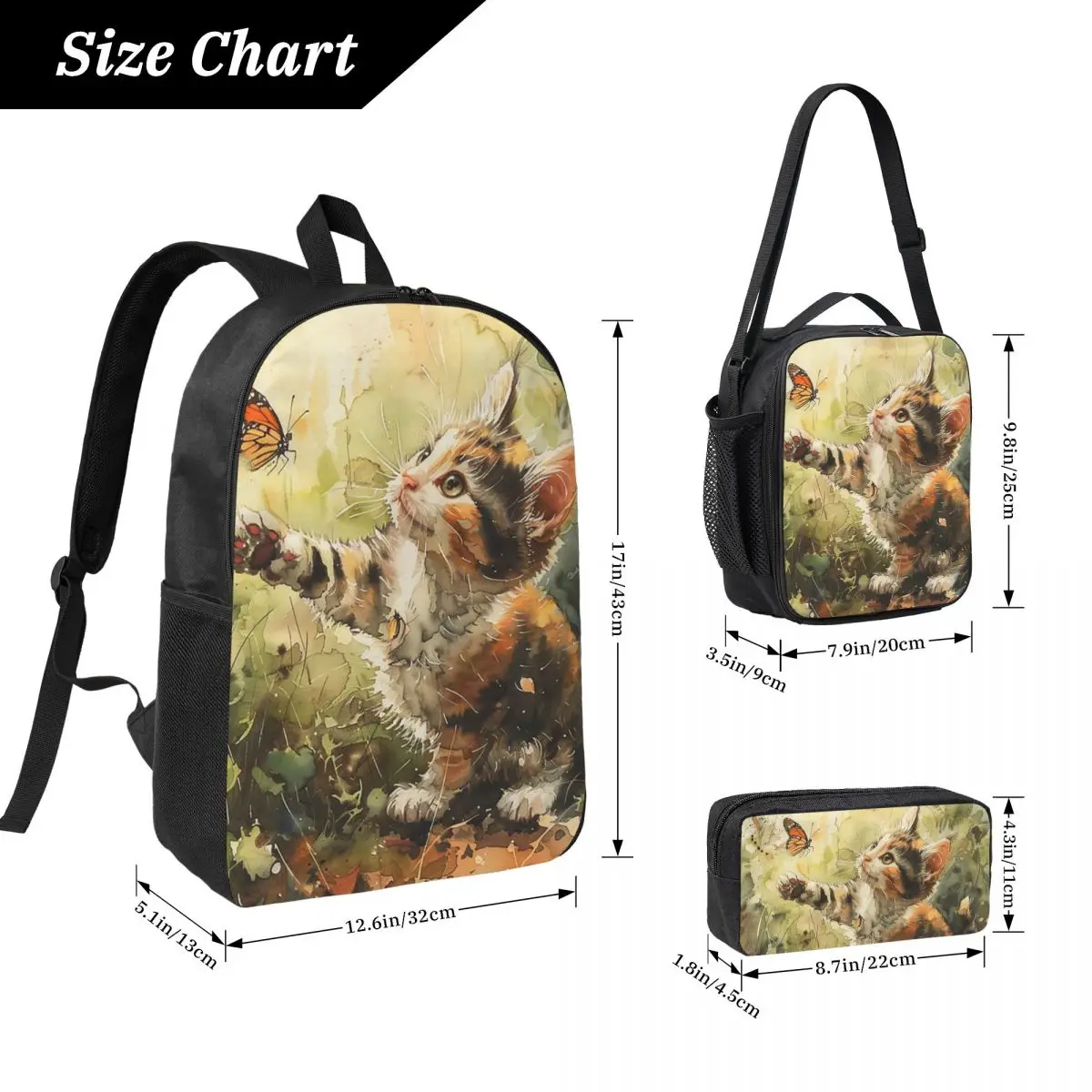 Adorable Kitten And Butterfly In Grass Backpack Boys Girls BookBag School Bag Computer Shoulder Bags 3ps Lunch Bag Pencil Case