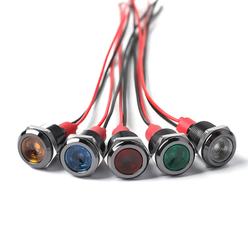 12mm Metal LED Warning Indicator Light Waterproof IP65 Signal Lamp Pilot 3V 5V 12V 220V Oxide Black With Wires Red