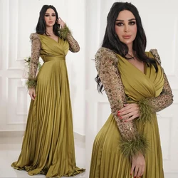 Customized Evening Dresses Long Sleeve Illusion Feathers Sexy V Neck Pleat Satin Prom Gown Middle Eastern Style Eid فساتين سهرة