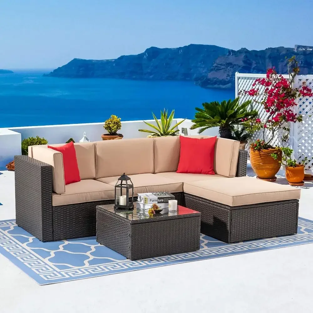 Weather-Resistant Beige Outdoor Sectional Patio Furniture Set with Ottoman and Glass Table