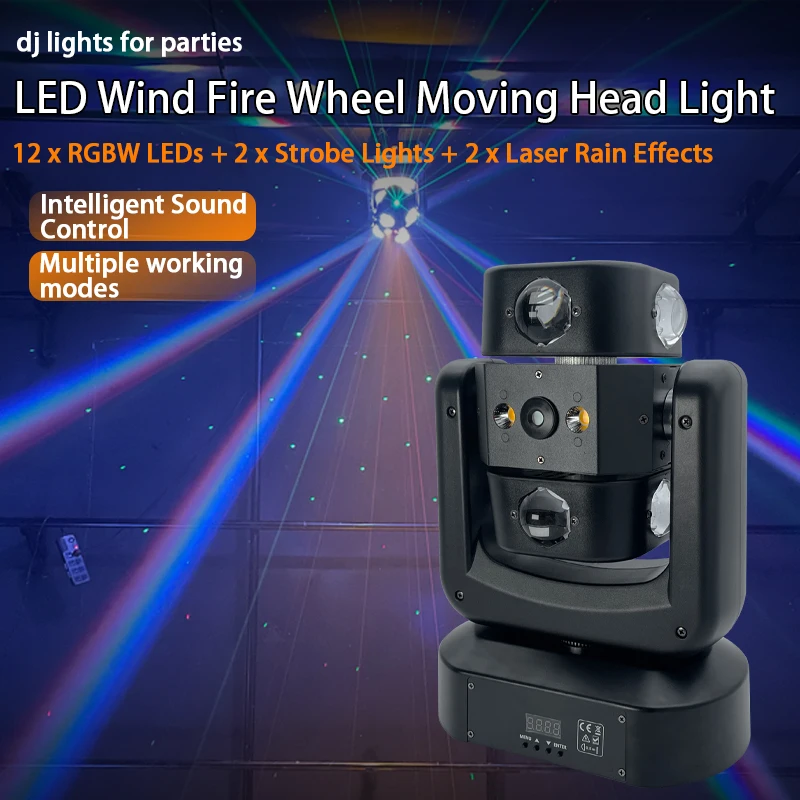 

Dj Lights RGBW Wind Fire Wheel Moving Head Light 150W LED Laser Beam Strobe DMX512 Sound Activated DJ Stage Disco Bar KTV Party