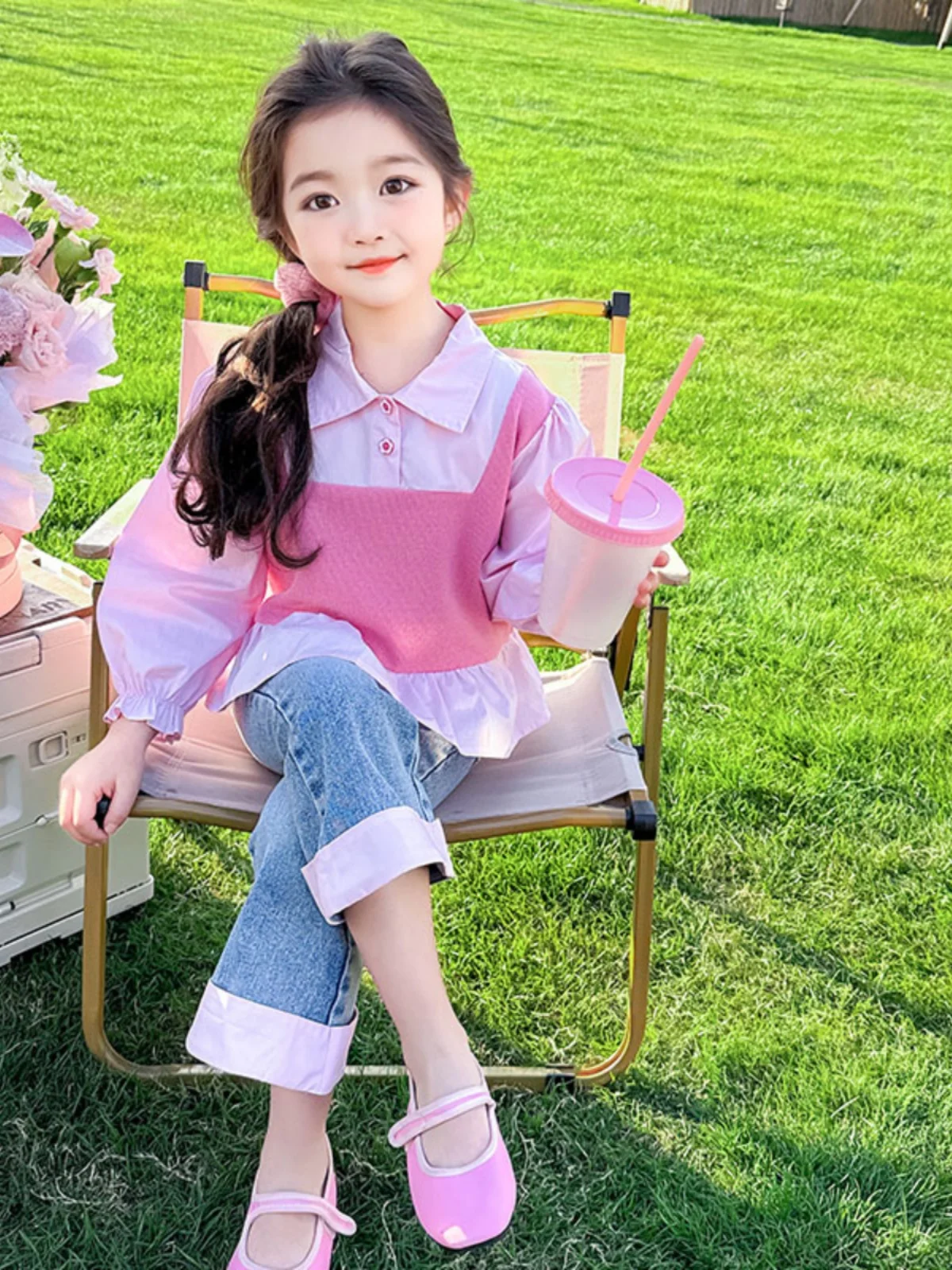 

Spring Autumn New Sle Little Girl Fre Sle Set Thin Bell Bot Pants Two Piece Set Girls Faionable Ensemble