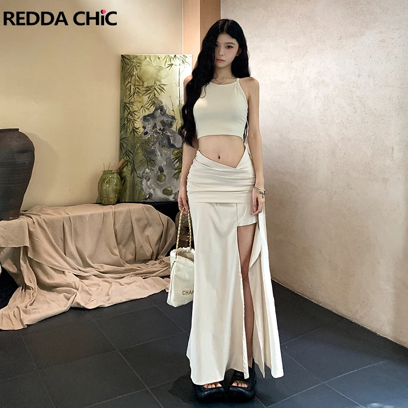 

ReddaChic Khaki Camisole Split Long Skirt Set Women Solid Sleeveless Crop Top Shirred Irregular Bodycon Casual Summer Clothes