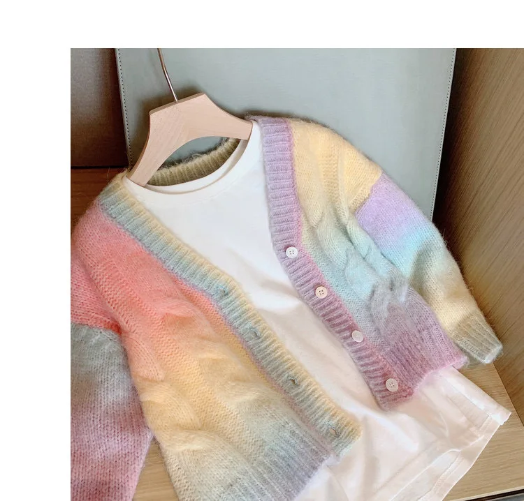 New Girl 2023 Cardigan sfumato maglieria bambini autunno dolce Kawaii arcobaleno cappotto bambini coreano Button Down camicia Cardigen TP153