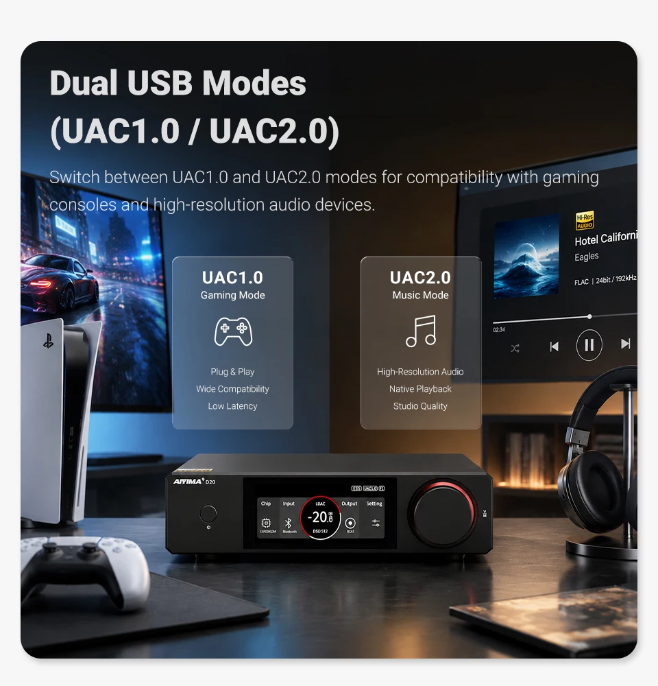 AIYIMA D20 HiFi DAC-Decoder AK4493SEQ ES9039Q2M XMOS XU316 USB DSD512 Bluetooth 5.1 LDAC RCA XLR Audio-Konverter VU-Meter – Detail 22