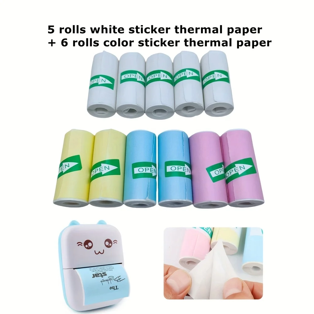 11 Rolls Color & White Thermal Sticker Paper 57x25mm Self-Adhesive Combo Pack for Mini Printer & Cameras Residue-Free & BPA-Free