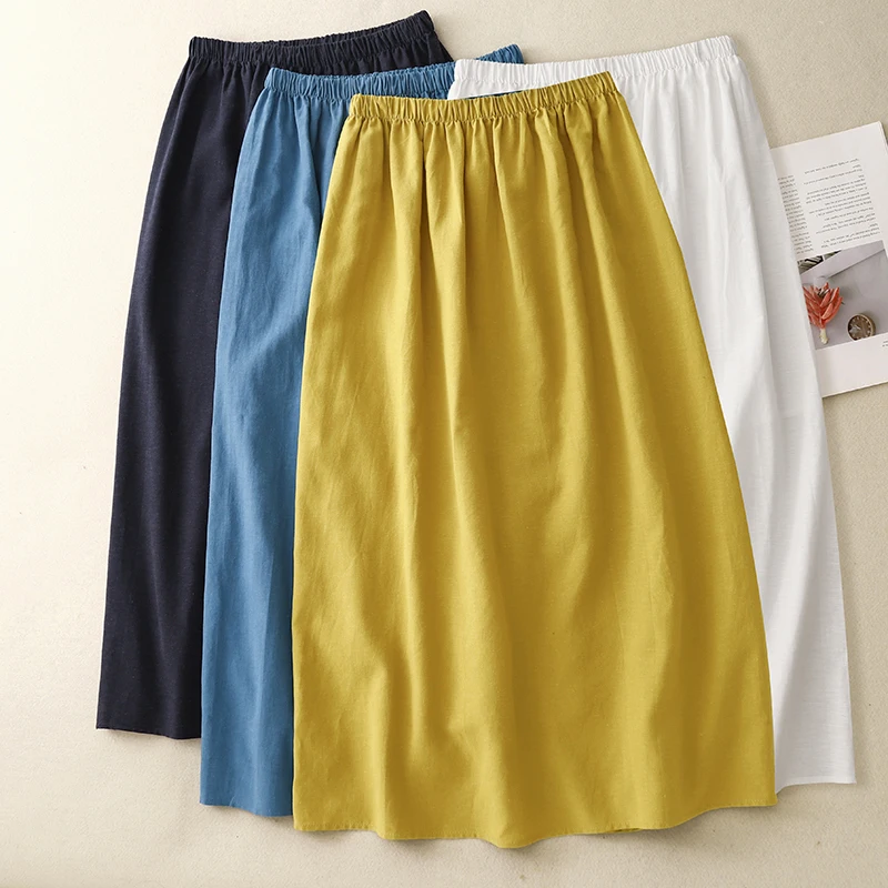 Summer Cotton Linen Blend Breathable Loose Simple Ba Split f Skirt Women Elastic Waist  Color Micro plus Size Skirt
