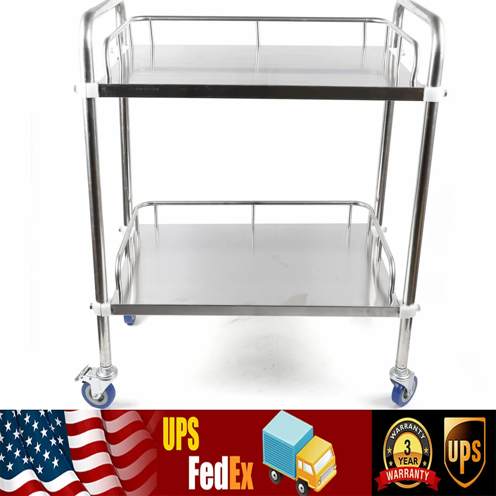 

2 Tiers Stainless Steel Cart Trolley Medical Lab Mobile Rolling Serving Trolley Serving Equipment