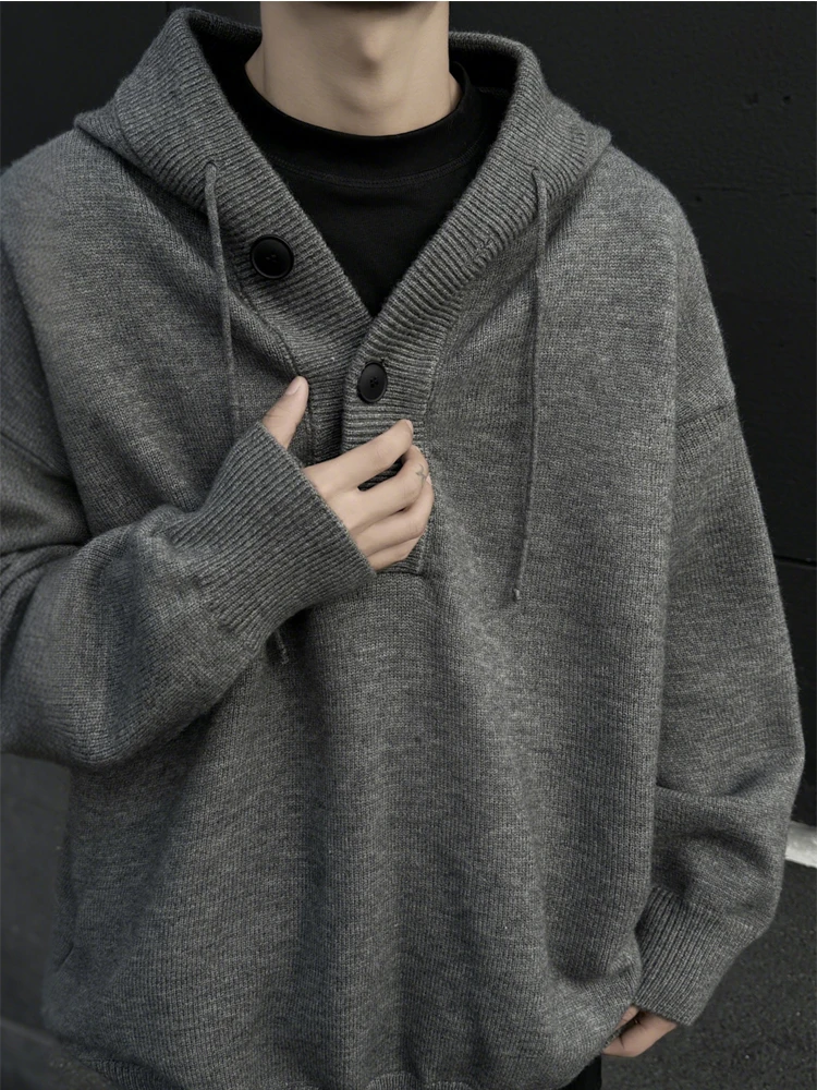 

ey Heavyweight Semi-Unbuttoned Knitted Sweater Men's Casual Loose Fit Hooded Jaet Spring Autumn Trendy Brand Versatile fo...