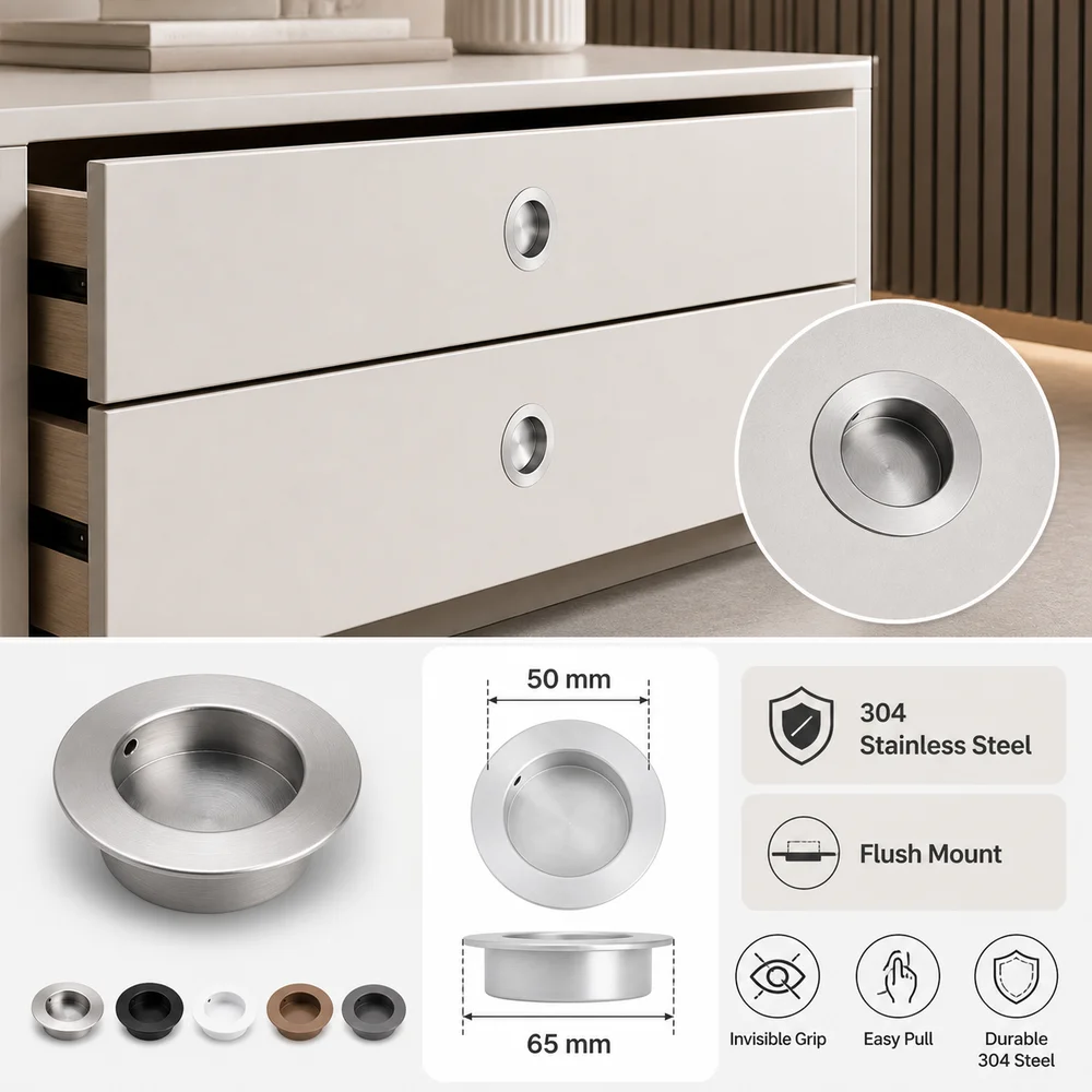 Stainless Steel Recessed Door Handle Flush Mount Concealed Installation Embedded Door Knob Round Shape Furniture Handles