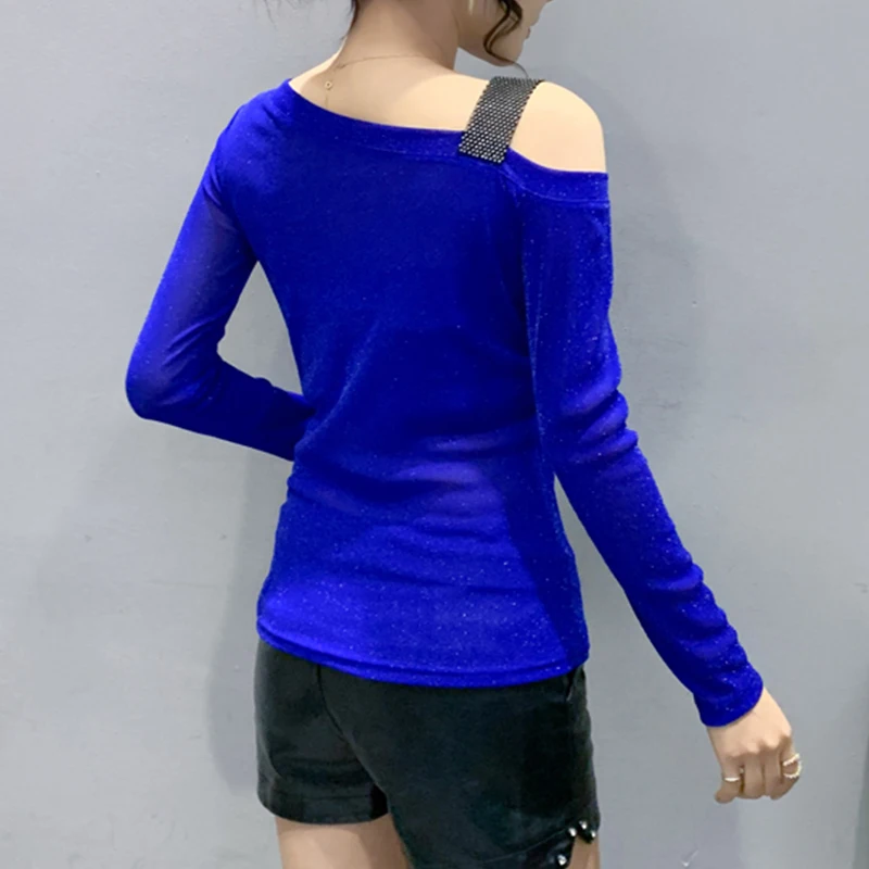 Fall,European,Clothes,T-Shirt,Chic,Sexy,Skew collar,Shiny,Diamonds,Women,Tops,Long Sleeve,Drilling,Hot,Tees,2026,New,6909002