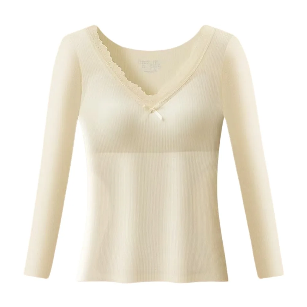 Lace Women Wool Thermal Clothes V Neck Invisible Thermal Underwear Lingerie Feel Heating Warmth Long Tops Autumn/Winter