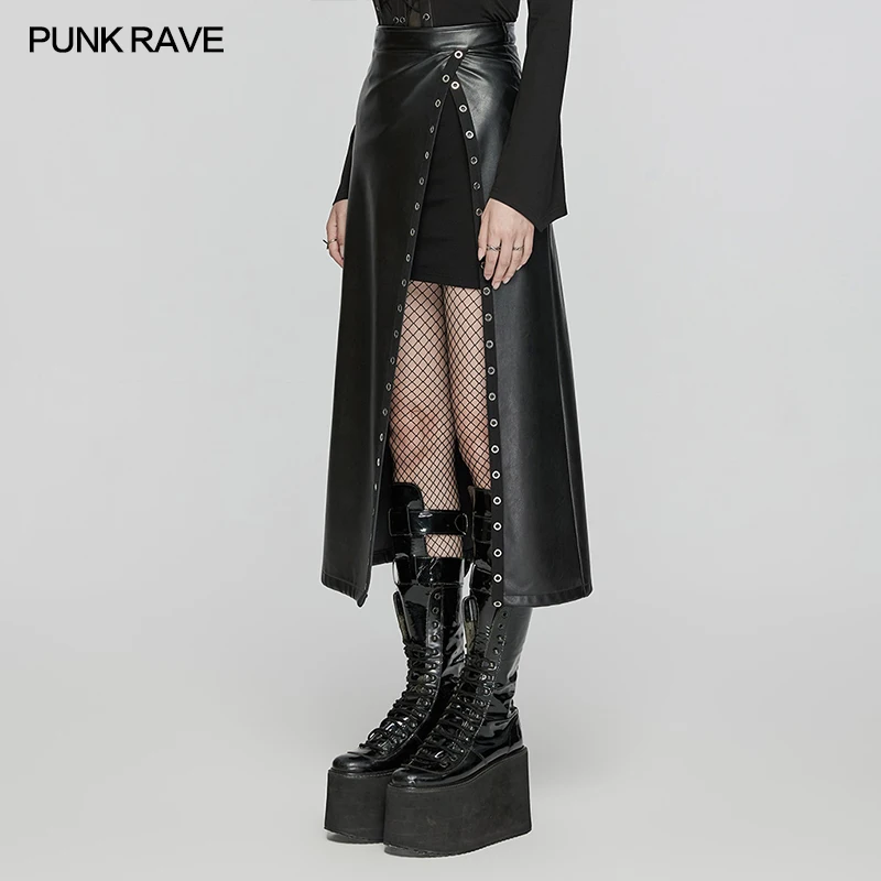 PUNK RAVE Women's Dark Punk Artificial Leather Skirt Patchwork Design Showcase Leg Lines Fashion Personality Skirts Women