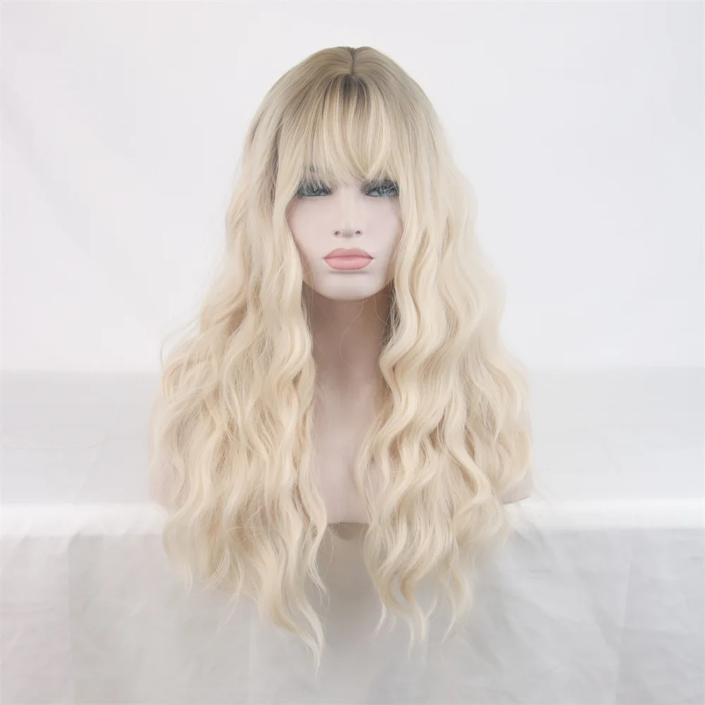 

Парик в евро-американском стиле с челкой, золотой парик омбре для женщин, синтетический длинный вьющийся парик на всю голову с большими волнами