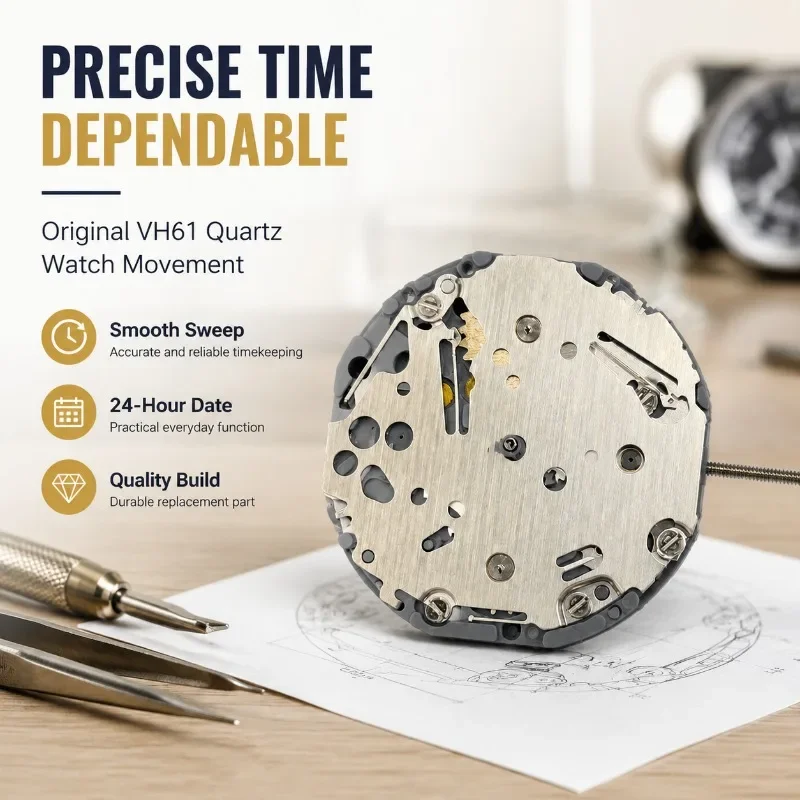 VH61 Quartz Watch Movement Replacement, 5 Hands Sweep Second Mechanism with Date 24 Hour Display, Original Core Part