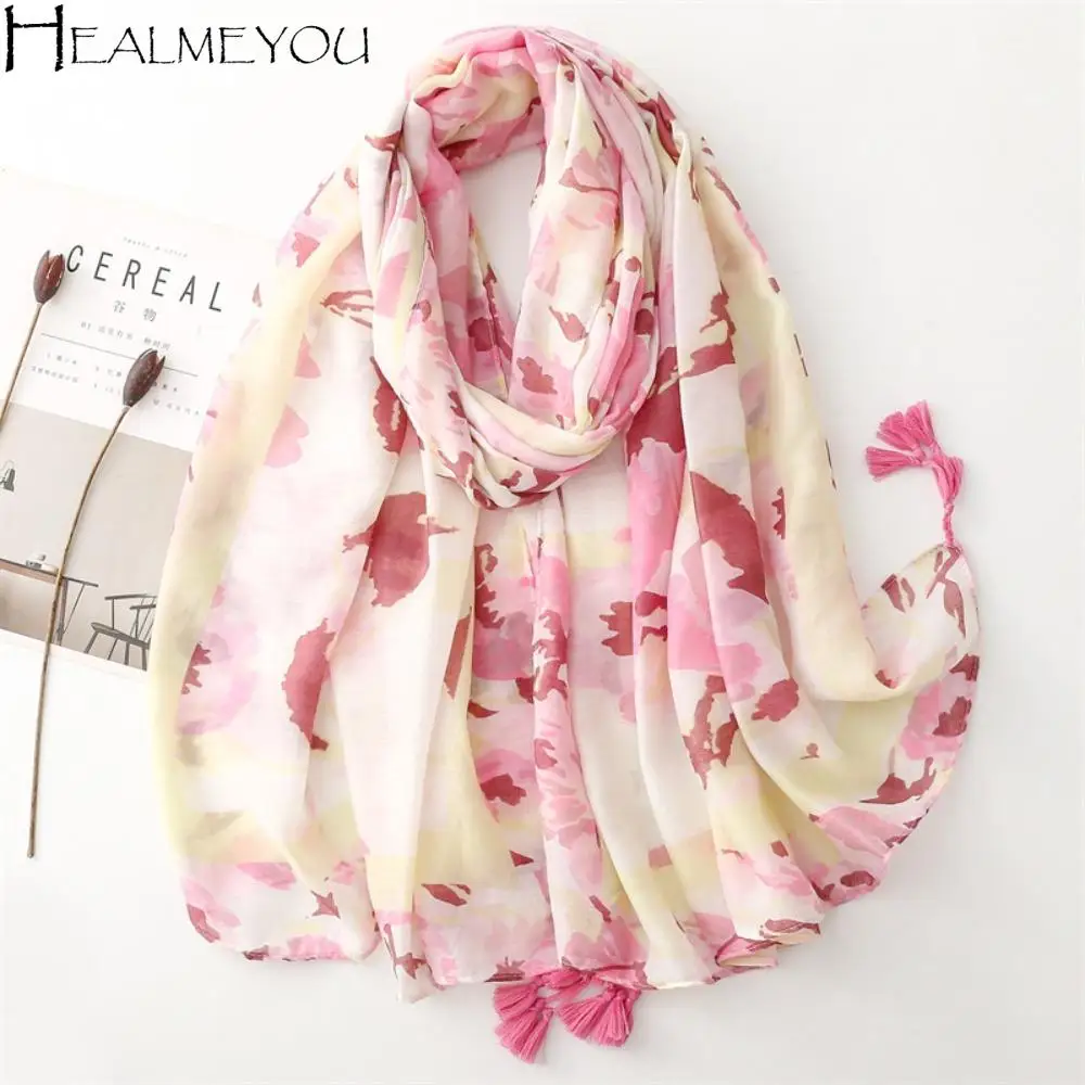 

Korean Tassel Viscose Shawl Scarf Elegant Printing Chiffon Shawl Wrap Wash Painting Style Luxury Soft Thin Scarf Four Seasons