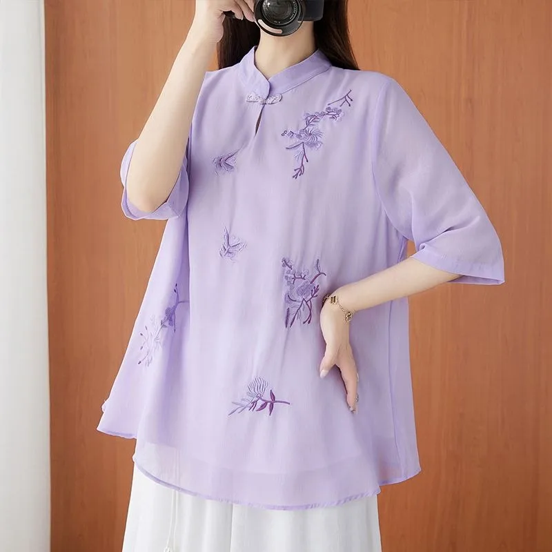 Women's Cotton and Linen Blouses Pullover Half Sleeve Retro Top Stand Collar Loose Thin Shirt Chinese Embroidery Tea Clothing