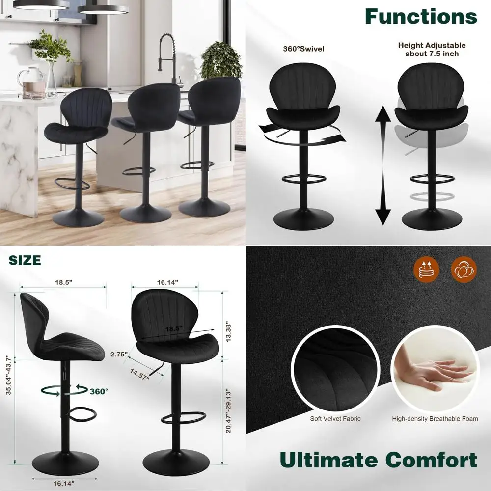 豪華なベルベット回転バースツール3脚セット、高さ調節可能、背もたれとフットレスト付き、スタイリッシュなキッチンカウンターチェア
