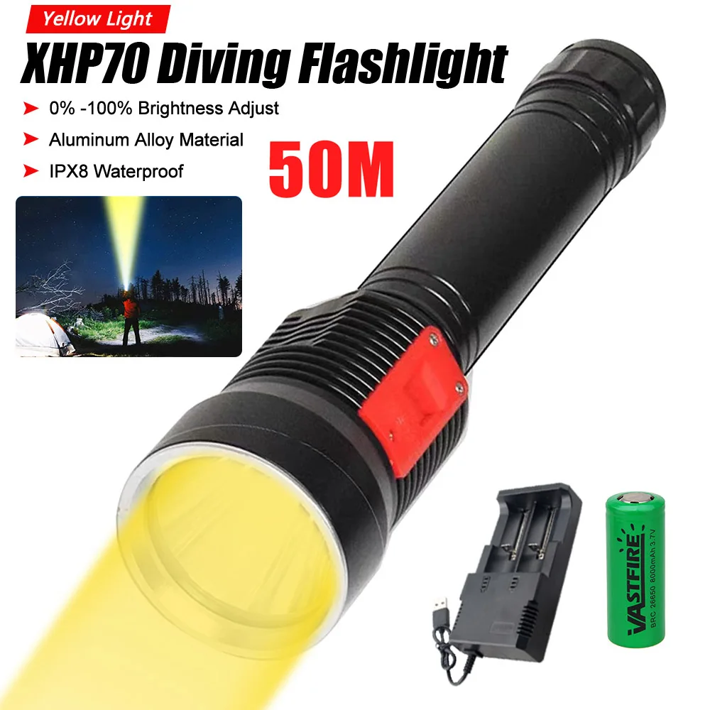 6500K IPX8 Professional Diving Flashlight Yellow Light Dive Lamp Underwater XHP70 LED Yellow Dive Light Torch aluminum alloy
