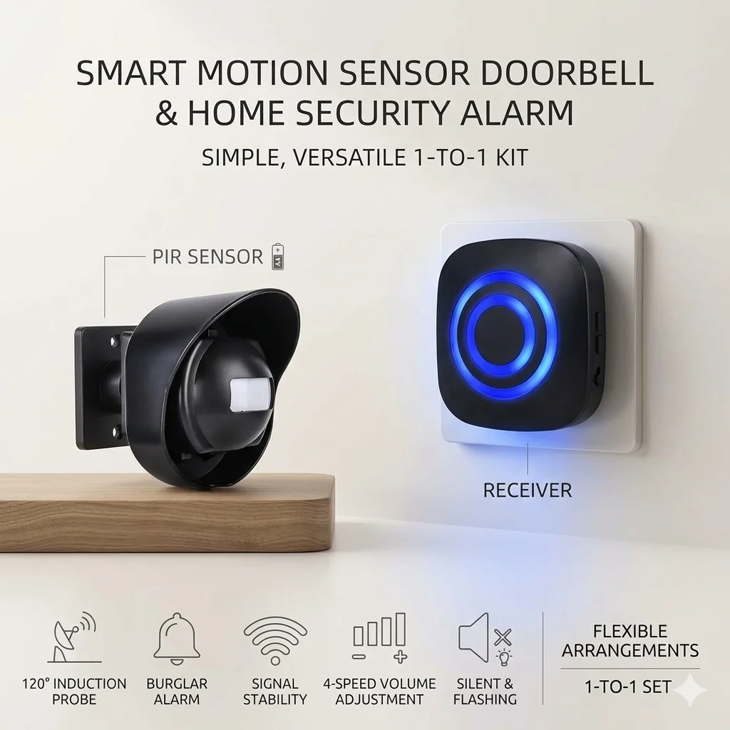 Weatherproof Multifunctional Wireless Driveway Alarm with Motion Sensor 38 Chimes 200m/656ft Transmission Range for Home Securit