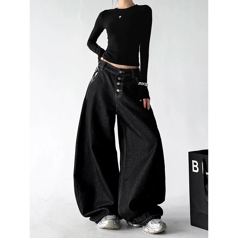 American Style Retro Dark Blade Embroidered Lettering Women's Jeans High Waist Straight Leg Wide Leg Pants Casual Pure Color