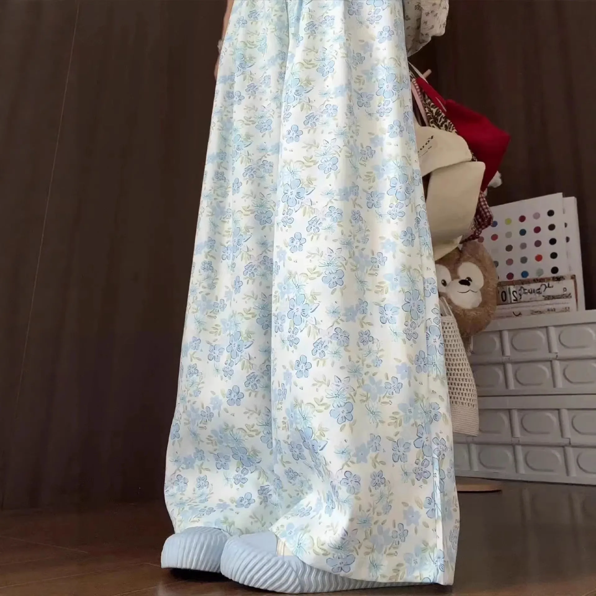 Women Blue Floral Print Wide Leg Pants Elastic High Waist Lightweight Casual Trousers with Side Slits