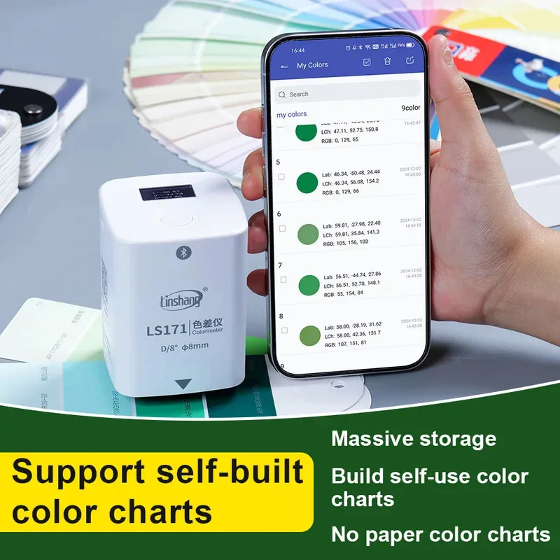 เครื่องวัดสีดิจิตอล Pantone แบบพกพา NCS RAL CMYK เครื่องวัดสีแบบแข็งแรงทนทาน D/8 สำหรับพลาสติกและสี LS171