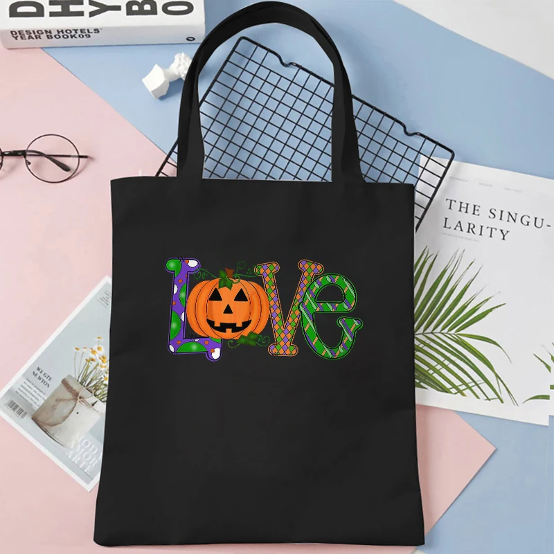 Moda halloween abóbora impressão bolsa feminina design sacos de compras adolescente reutilizável lona sacola feminina nova bolsa de ombro