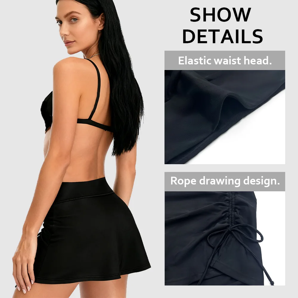 Womens 4-Layer Leakproof Period Swim Skirt Drawstring Side Split Tummy Control High Waist Anti-Exposure Black Menstrual Swimwear