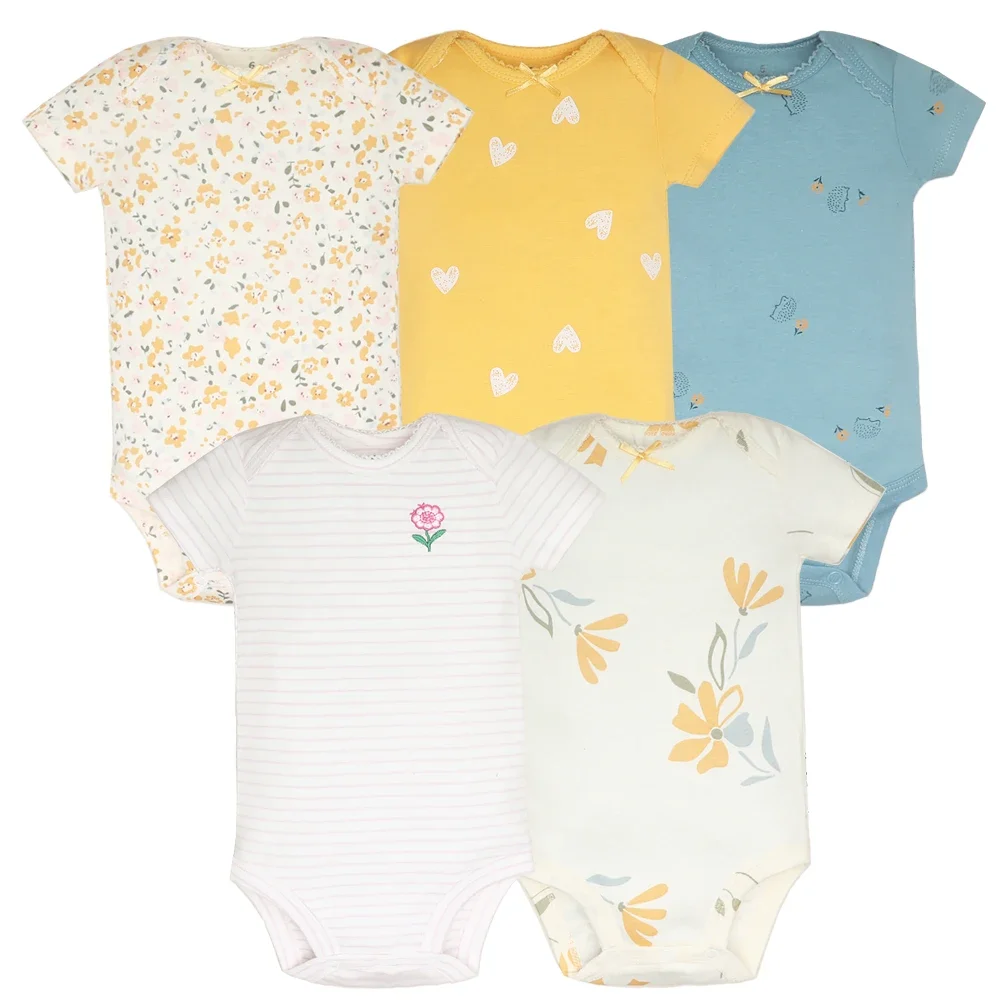 

5 Pcs Cotton Baby Bodysuits Short Sleeve Newborn Romper Set Cute Cartoon Print Onesies for Infant Boys Girls Summer Clothes