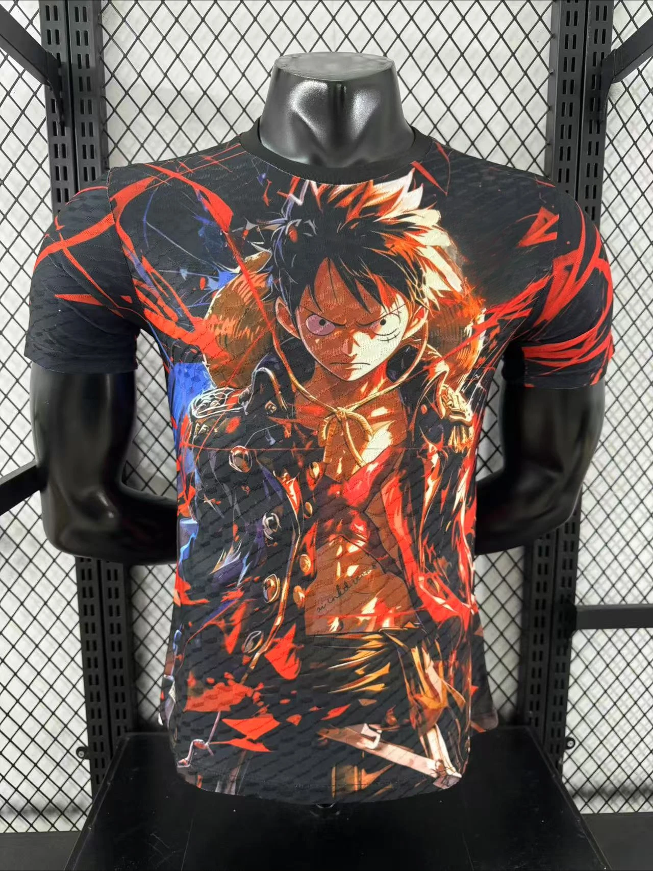 

One Piece Luffy Graphic Tee - Black with Red & Blue Flames Dynamic Anime Art Must - Have for OP Fans