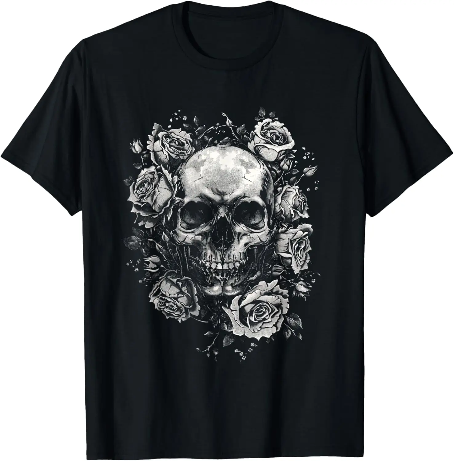 Skull Emo Gothic Roses Floral Punk Vintage Horror T-Shirt