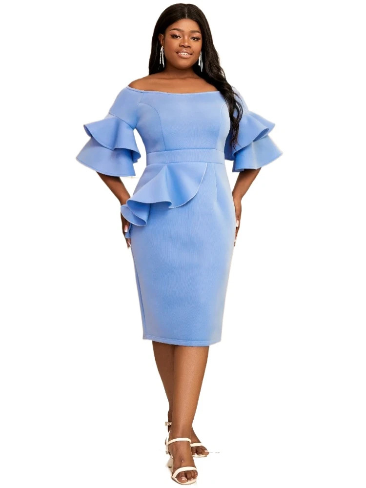 Blue Slim Fit Dresses for Women's Cold Shoulder Flare Sleeves with Ruffle Edge High Waist 2026 Summer New Fashion Evening Dress