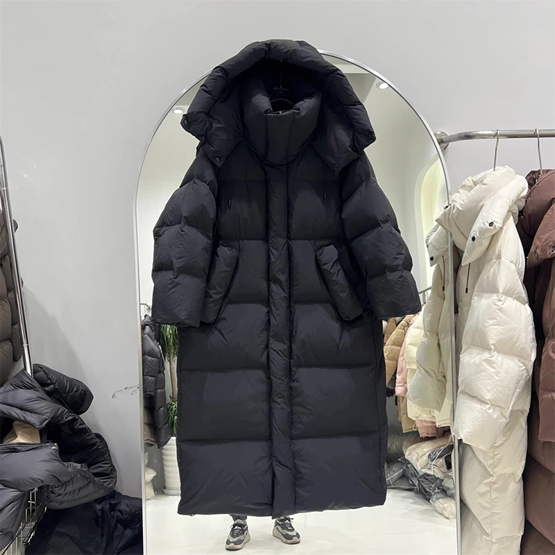 Chaqueta larga gruesa con capucha para mujer, chaquetas hasta la rodilla con plumón de pato blanco, Parkas cálidas y sólidas para exteriores, prendas de vestir para invierno
