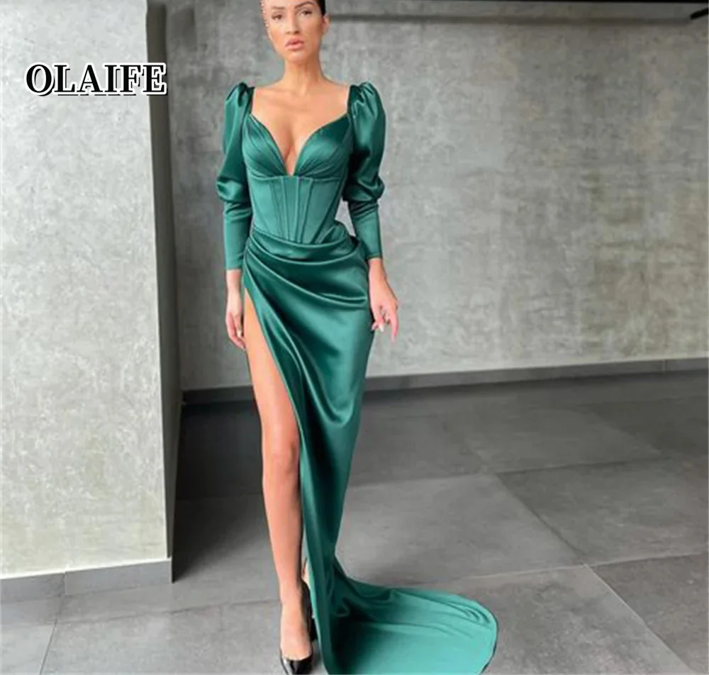 Dark Green Sweatheart Evening Dresses Long Sleeves Evening Gown Stain High Split Prom Gown Mermaid vestido de fiesta de boda