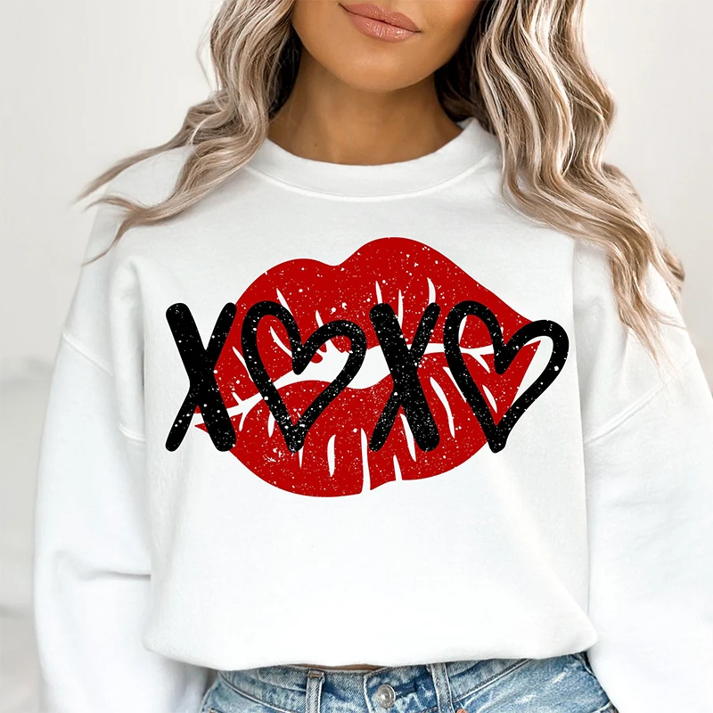 Hugs and Kisses Valentines Day Sweatshirt Hoodie Women Xoxo Red Lip Graphic Sweatshirts Cute Valentines Gifts Trending Sweater