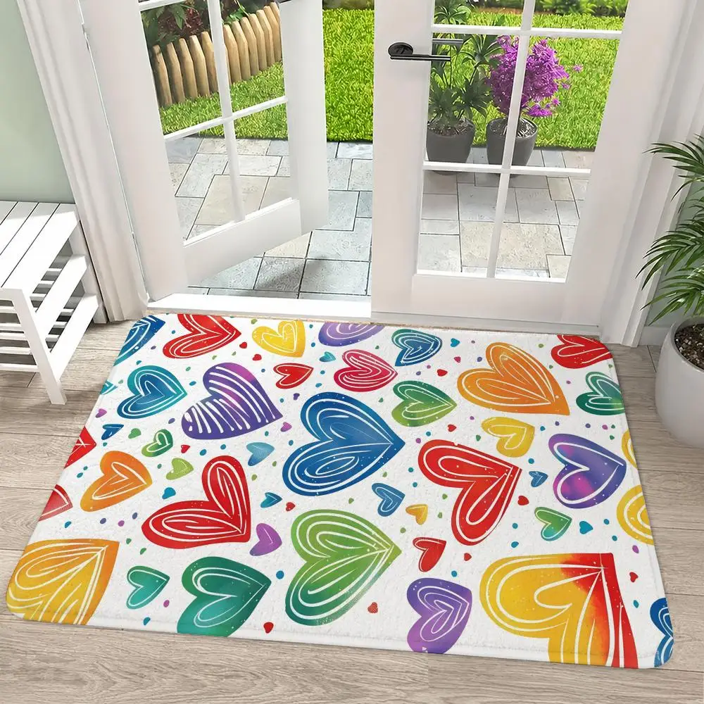 Colorful Doodle Heart Shapes Floor Mat Flannel Rug Soft Non Slip Washable Door Mat For Bathroom Bedroom Kitchen Home Decor